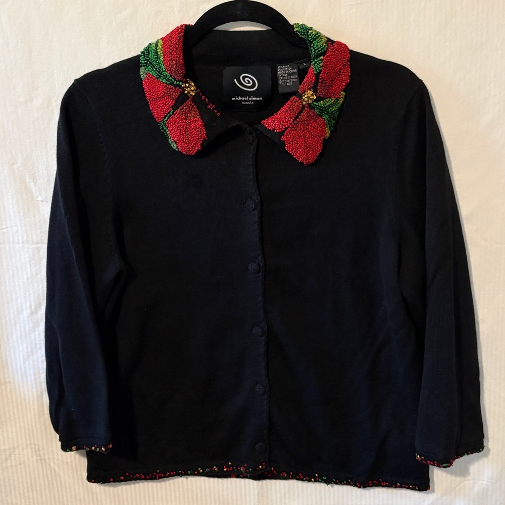 Vintage Michael Simon Black Cardigan with Red & Green Embroidered Floral Collar